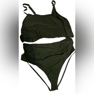 Cupshe Dark ruffle flounce top dark olive green 2 piece bikini swimsuit sz 4X